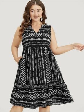 NWT BloomChic Black White Sz 14/16 Geometric Boho Sleeveless Pocket Midi Dress